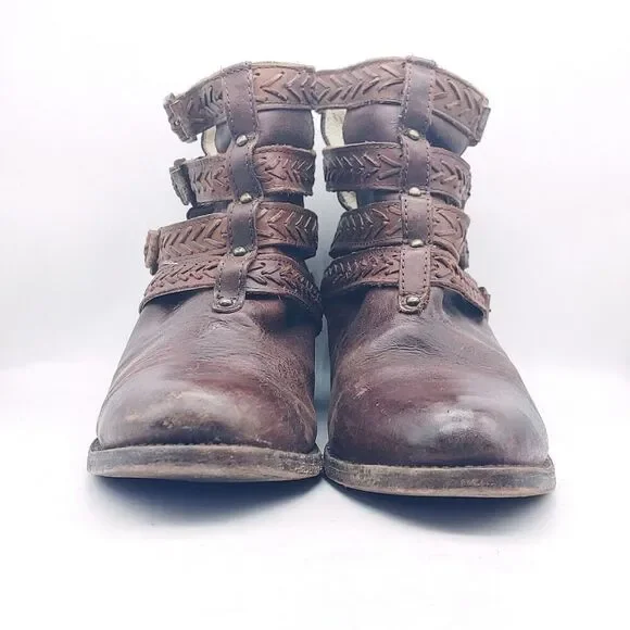 Freebird Women's Almond Toe Braided Buckled Straps Brown Leather Ankle Boots 10 - Picture 5 of 11